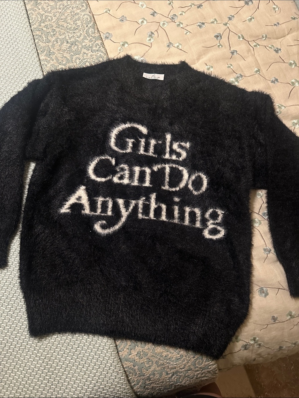 Fuzzy Black Crewneck Sweater with 'Girls Can Do Anything' Slogan